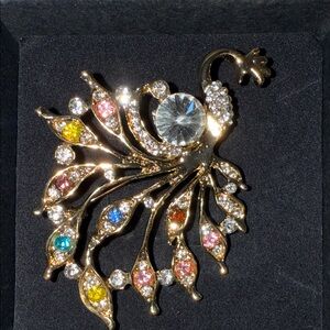 Elegant Gold and Multicolor Peacock Brooch